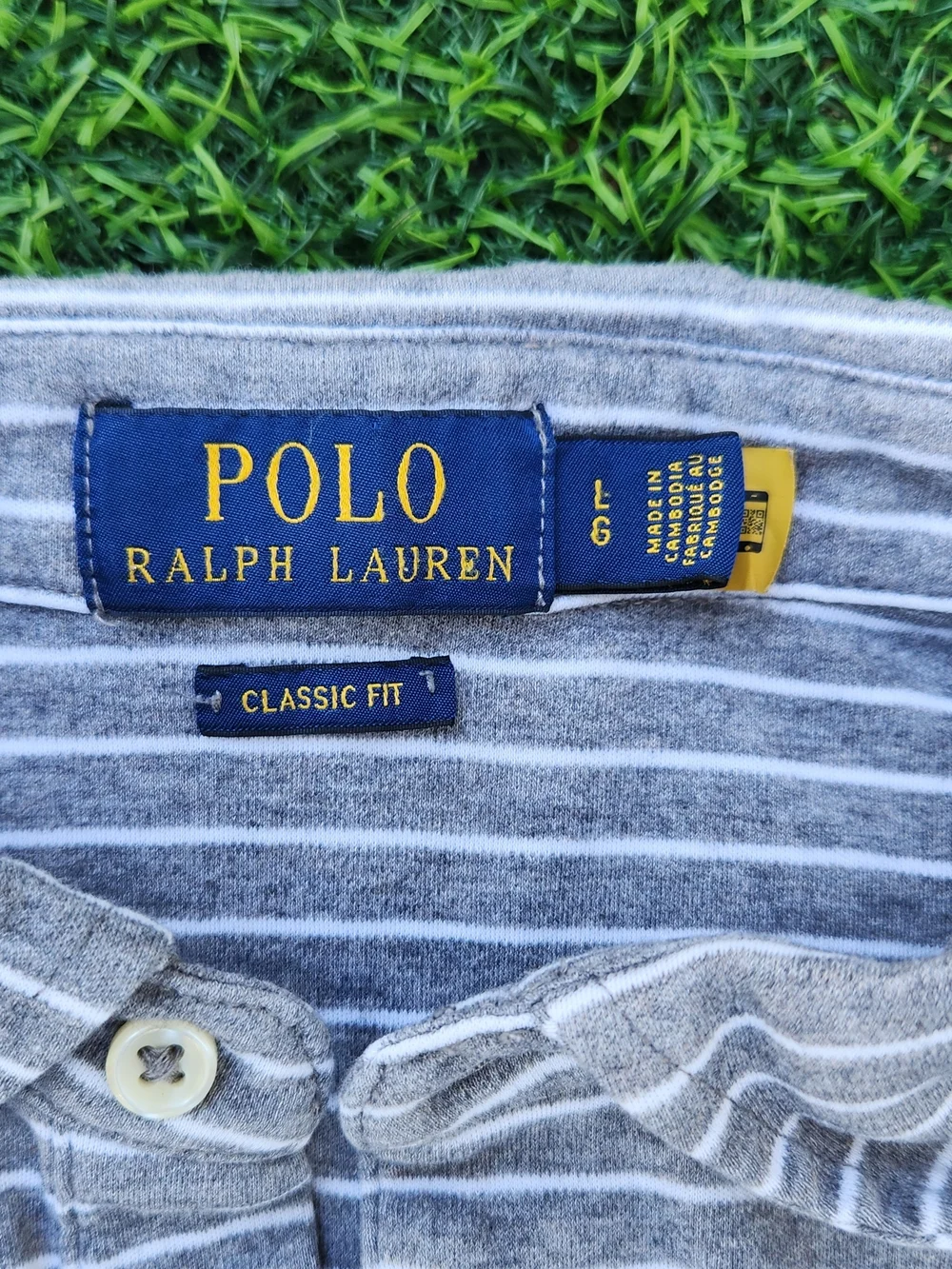 Polo by Ralph Lauren Gray Stripe Classic Fit Polo Shirt SIZE L